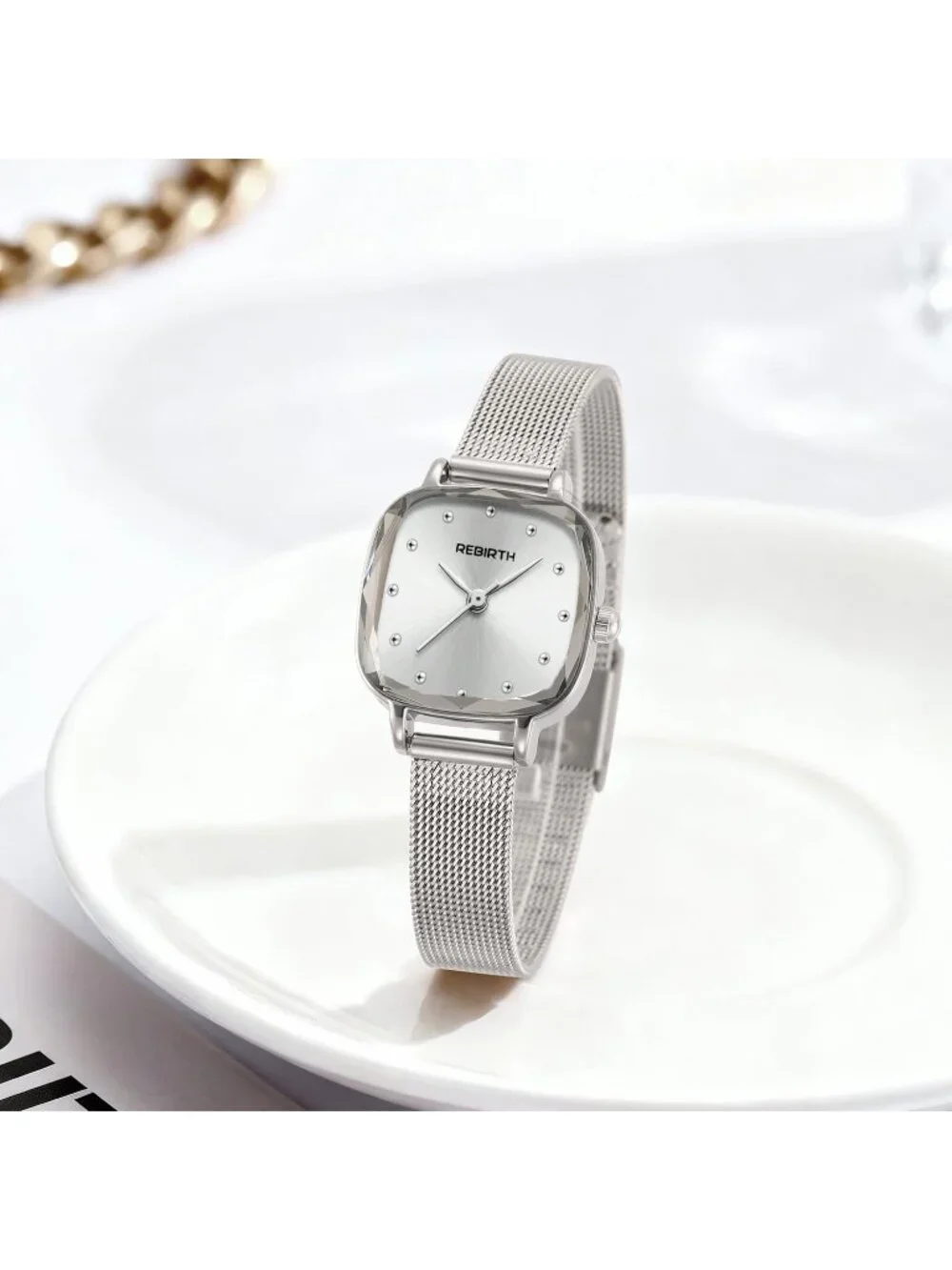 Women's Silver Square Minimalist Dial Mesh Band Crystal Case Wrist Watch